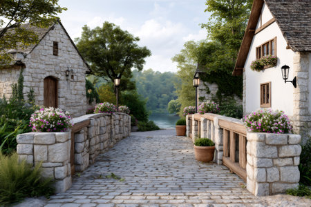 Stone bridge connecting quaint village cottages with cobblestone path leading to a riverの素材