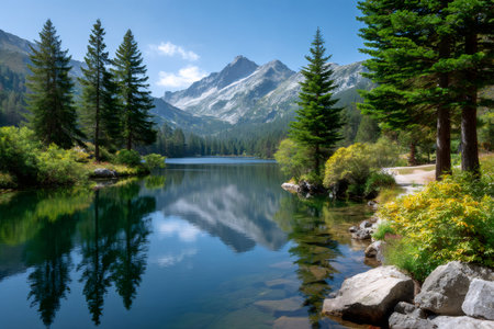 Clear mountain lake reflecting snow-capped peaks and green forest on a sunny dayの素材