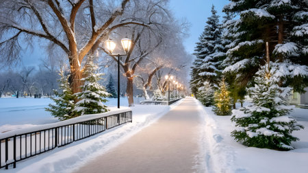 Winter park path illuminated by warm streetlights and festive holiday lightsの素材