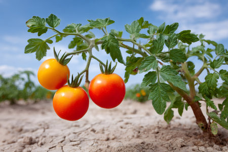 Ripe tomatoes hanging from a small plant in an agricultural fieldの素材