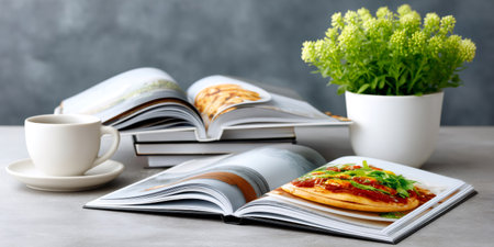 Cookbooks open on a table, showing food recipes with coffee and decorative plants nearbyの素材