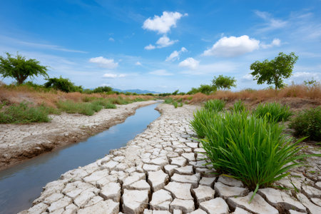 Cracked earth showing drought conditions with a small stream of water and green vegetationの素材