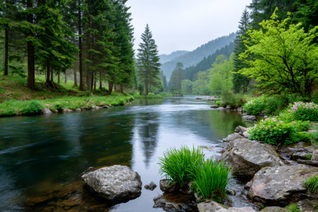 Fast flowing river passing a lush green forest with rocks and treesの素材