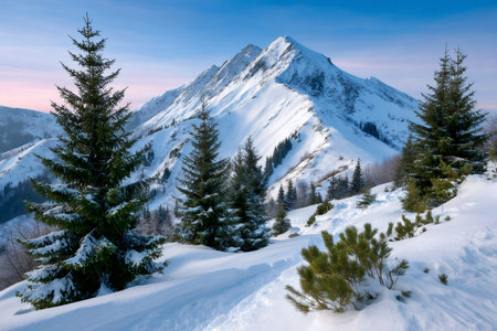 Snow capped peaks and evergreen trees creating a serene winter mountain sceneの素材
