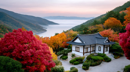 Korean hanok building surrounded by colorful autumn trees with a fog-covered lake and mountainsの素材