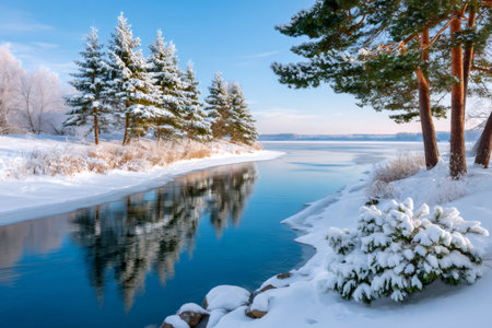 Winter lake scene featuring snow covered trees reflecting in the cold blue waterの素材