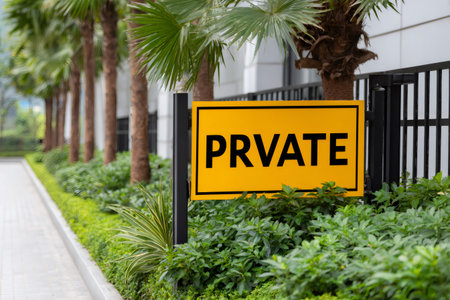 Yellow sign with PRVATE misspelled blocking access to an exclusive private areaの素材