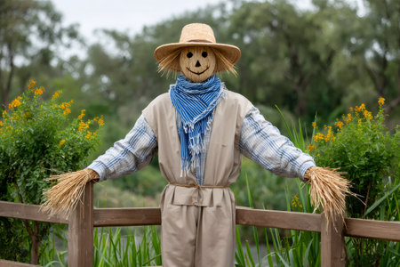 Smiling scarecrow wearing a hat and scarf standing outdoors on a wooden fenceの素材