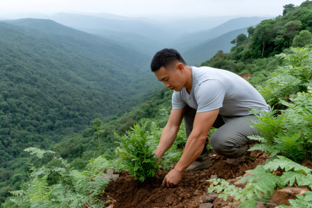 Asian man actively planting a small tree sapling into soil on a steep mountainの素材