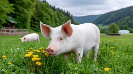 Piglet standing in a grassy field with dandelions and another pig in the backgroundの素材