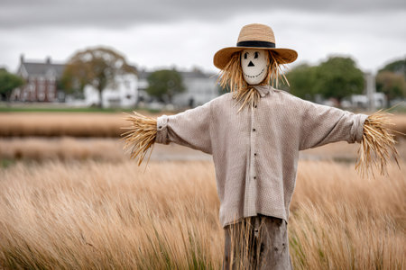 Scarecrow with straw hat and burlap face standing in a golden autumn fieldの素材