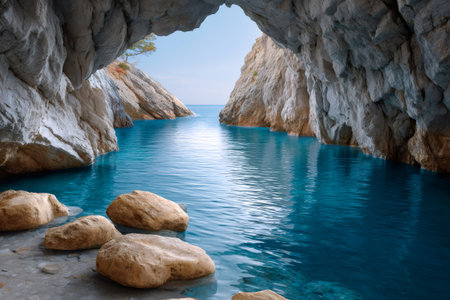 Serene sea cave with glowing turquoise water and rocky cliffsの素材