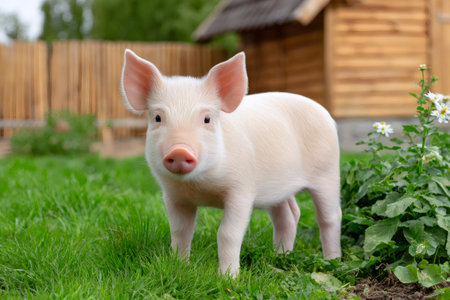 Piglet standing on green grass, rural farm animal themeの素材