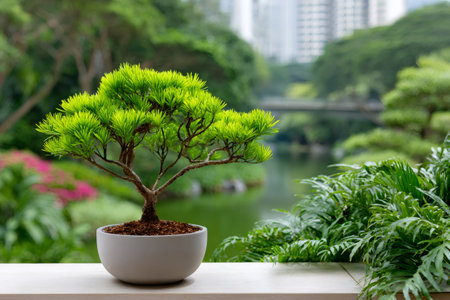 Bonsai tree thriving in a pot with green foliage and a tranquil pond in the backgroundの素材