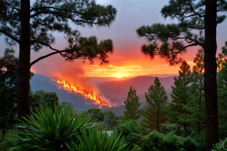 Forest wildfire burning across a mountain ridge at sunset, showing environmental disasterの素材