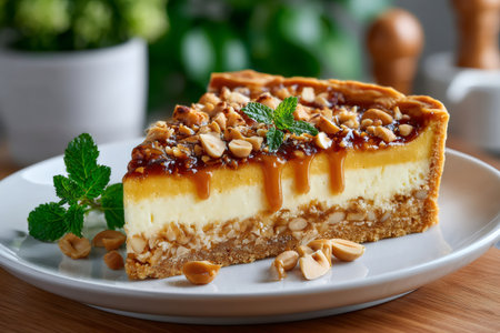 Peanut caramel cheesecake slice topped with mint, ready for servingの素材