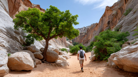 Man walking along a sandy canyon floor with a green tree and rock formationsの素材