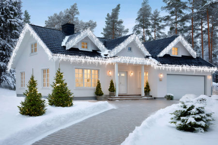 Modern house exterior decorated with festive icicle lights and trees in snowの素材