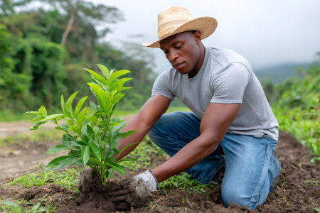 Man planting a young tree, promoting sustainability and environmental regrowthの素材