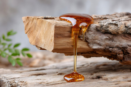 Golden honey is dripping from a rustic piece of woodの素材