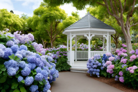 White garden gazebo standing among colorful blue and pink hydrangeas on a sunny dayの素材
