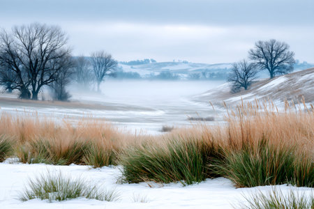 Fog rolling through a winter landscape with snow, trees, and golden grassesの素材