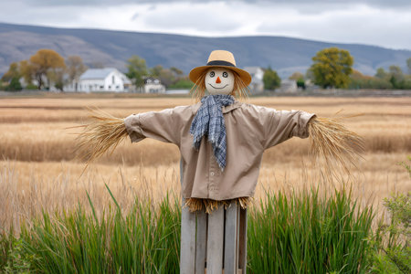 Friendly scarecrow standing in a farm field during autumn harvest seasonの素材