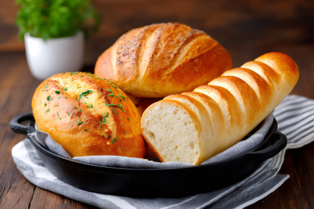 Assortment of fresh baked bread, including baguette and loaf, on a wooden tableの素材