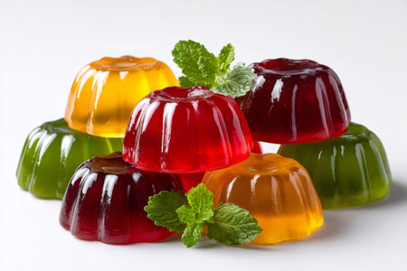 Fruit jelly desserts in various colors arranged with green mint sprigsの素材