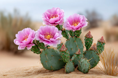 Prickly pear cactus with vibrant pink flowers blooming in a sandy desert landscapeの素材