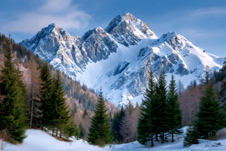 Snow-covered mountains rising above an evergreen forest under a clear blue skyの素材