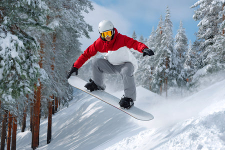Snowboarder performing a jump, flying over fresh powder in a snowy pine forestの素材