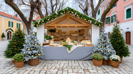 Christmas market stall offering various artisan goods surrounded by decorated evergreen treesの素材