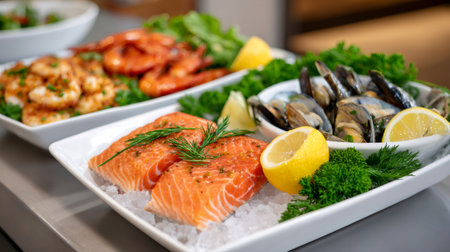 Fresh seafood platter presenting salmon fillets, cooked mussels, and seasoned shrimp on iceの素材