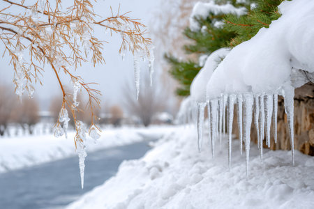 Icicles hanging from a brown branch and a snow-covered wall with a river flowing in winterの素材