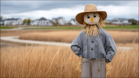 Scarecrow with straw hat and gingham shirt standing in a dry field during autumnの素材