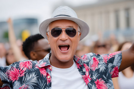 Happy man wearing a straw hat and sunglasses enjoying outdoor eventの素材