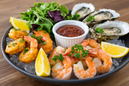 Fresh seafood platter with cooked shrimp, raw oysters, lemons, and cocktail sauce on iceの素材