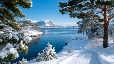 Winter landscape with snow covering pine trees and mountains along a clear blue fjordの素材