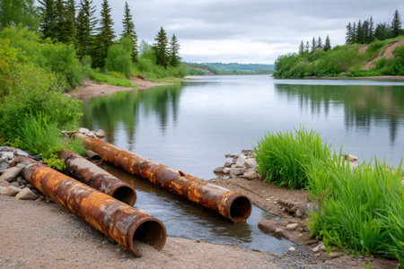 Rusty metal pipes lying near a river with lush green banks under a cloudy skyの素材