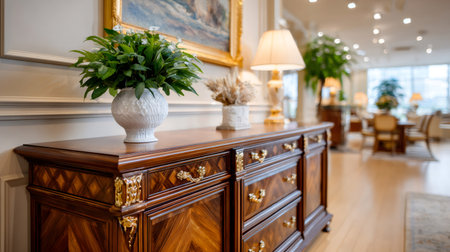 Ornate wooden sideboard showcasing antique style and decorative interior elementsの素材