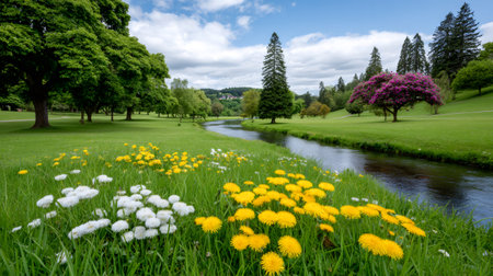 Green park landscape featuring a winding river, blooming wildflowers, and lush trees under a cloudy skyの素材