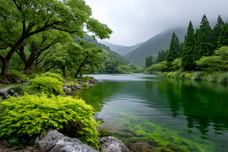 Clear green water in a mountain lake surrounded by lush forest and misty hillsの素材