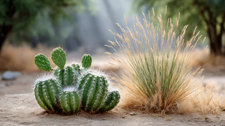 Desert plants thriving in arid climate with morning sun raysの素材