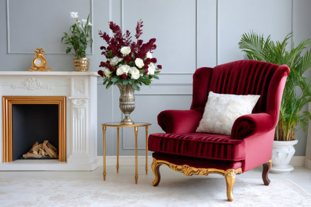 Elegant living room featuring a comfortable red velvet armchair and ornate fireplaceの素材