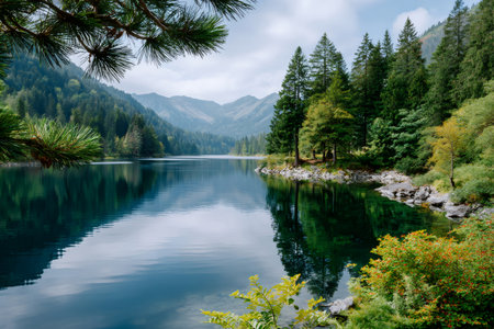 Serene lake shore reflecting surrounding mountains and lush green trees beautifullyの素材