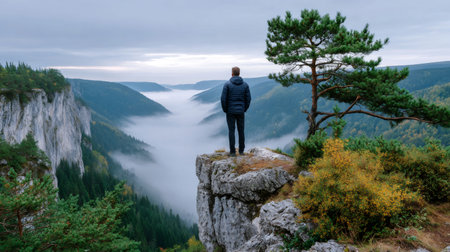 Man standing on a rocky cliff watching the morning fog filling a mountain valleyの素材