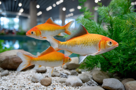 Goldfish swimming underwater, reflecting light in a clean aquarium settingの素材