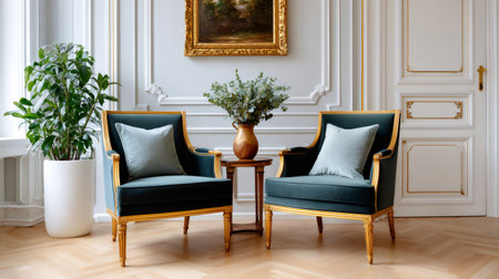 Two classic armchairs with gold accents and a houseplant creating a luxurious living room ambianceの素材