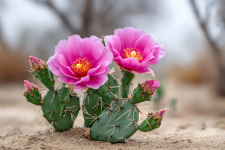 Prickly pear cactus with striking pink flowers growing from pads in desert sandの素材